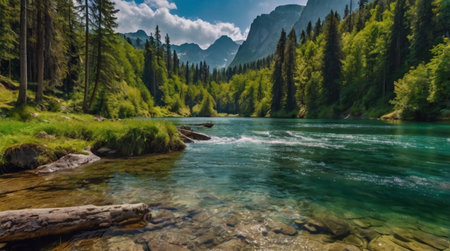 Mountain river with clear turquoise water and green forest.の写真素材