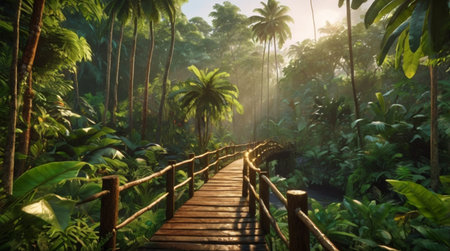Wooden walkway in the tropical forest with palm trees and sunlightの写真素材