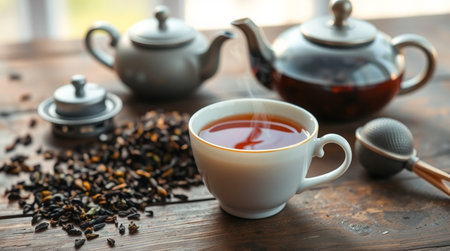 Cup of tea and teapot on wooden table, closeup