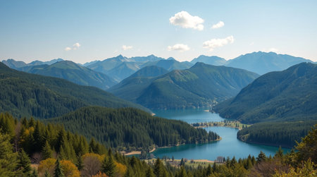 panoramic view of turquoise lake and mountains in autumnの写真素材