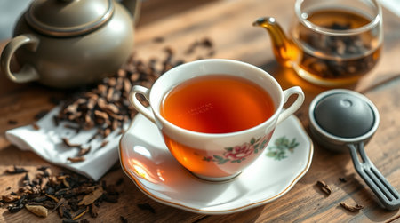 Cup of tea and teapot on wooden table, closeupの写真素材