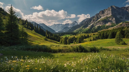 Panoramic view of alpine meadow with wildflowersの写真素材