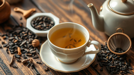Cup of green tea with teapot on wooden table, closeupの写真素材
