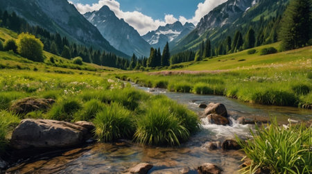 Panoramic view of a mountain river in the Swiss Alps.の写真素材