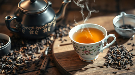 Cup of black tea with teapot on a wooden tableの写真素材