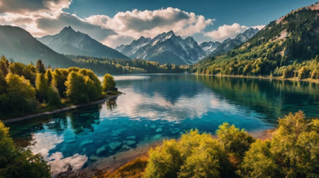 Panoramic view of alpine lake with reflection of mountains.の写真素材