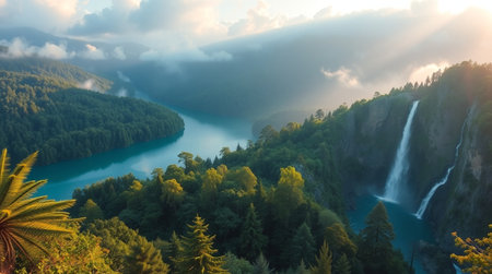 Panoramic view of a mountain lake with lush greenery and a cascading waterfall.の写真素材