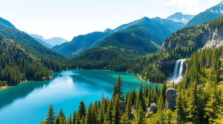 Beautiful turquoise lake in the mountains surrounded by coniferous forestの写真素材