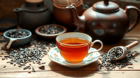 Cup of tea and teapot on wooden table, closeupの写真素材