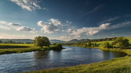 Panoramic view of the river flowing through the countryside in springの写真素材
