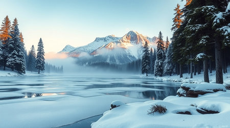 Beautiful winter landscape with lake and snow-capped mountains.の写真素材