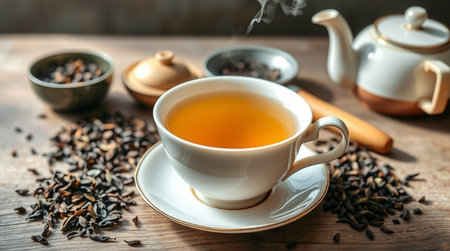 Cup of tea and teapot on wooden table, closeupの写真素材