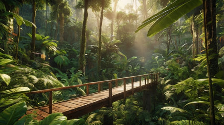 Wooden walkway in the tropical rainforest with sunlight and fog.の写真素材