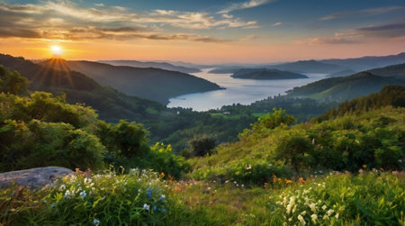 Panoramic view of the lake in the mountains at sunrise.の写真素材