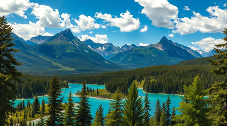 Panoramic view of turquoise Lake Louise in Banff National Park, Alberta, Canadaの写真素材