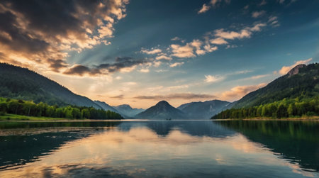 Beautiful mountain lake in the mountains at sunset. Landscape photographyの写真素材
