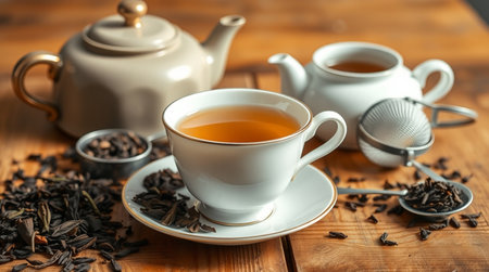Cup of tea with teapot and cups on wooden tableの写真素材