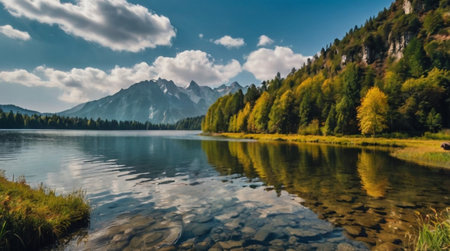panoramic view of alpine lake braies in austria