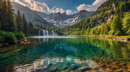 Panoramic view of the beautiful alpine lake Braies, Italy