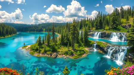 Banff National Park, Alberta, Canada. Panoramic view of Banff Falls from above.の写真素材