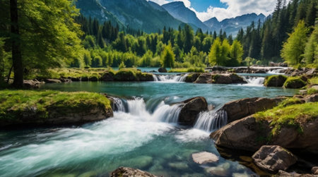 Panoramic view of a small waterfall in the Austrian Alps.の写真素材