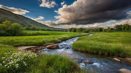 Panoramic view of a small river flowing through a green meadowの写真素材