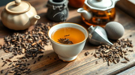 Cup of tea with teapot on wooden table, closeupの写真素材