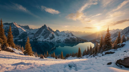 Beautiful winter landscape with alpine lake. Sunrise over the lake.の写真素材