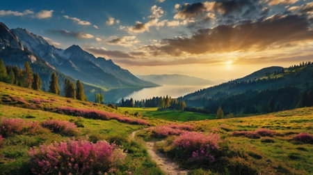 Beautiful summer landscape in the mountains. Sunrise over the meadow with pink flowers.の写真素材