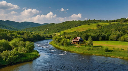 Beautiful summer landscape with mountain river and house on the hillsideの写真素材