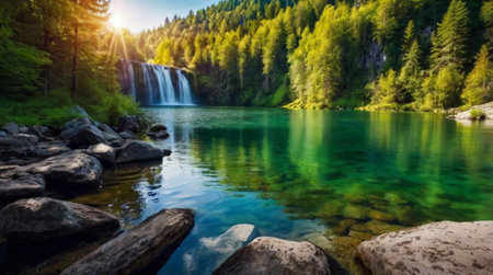 Plitvice Lakes National Park (Croatia) at sunsetの写真素材
