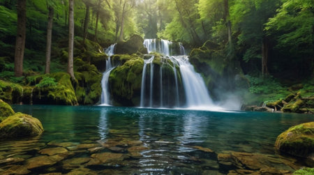 beautiful waterfall in green forest, deep forest waterfall in green forestの写真素材