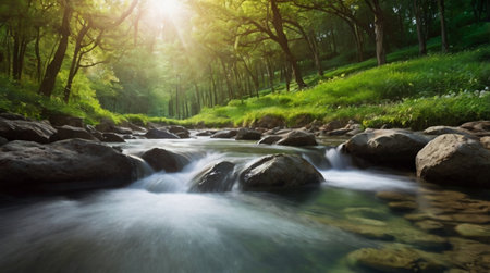 Mountain river flowing through the forest in the morning, soft focusの写真素材