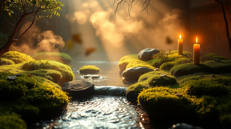 Zen garden with moss, stones and candles in the fog. Zen concept.の写真素材