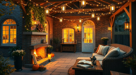3D rendering of a cozy patio with a fireplace and a cozy sofaの写真素材