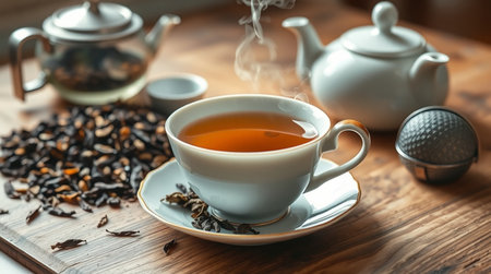 Cup of tea and teapot on wooden table, closeupの写真素材