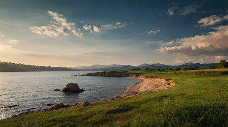 Beautiful sunset over the sea. Panoramic view of the coast in the evening.の写真素材