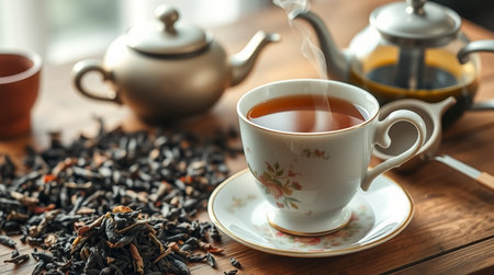 Cup of tea with teapot on wooden table, closeupの写真素材