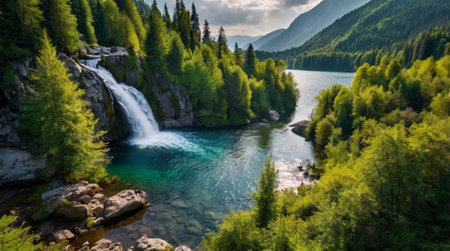 Beautiful view of the waterfall on the mountain lake. Summer landscape.の写真素材