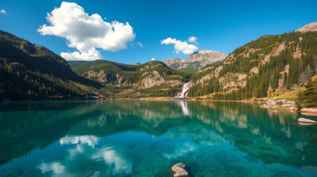 Beautiful lake in Dolomites mountains, Italy. Panoramaの写真素材