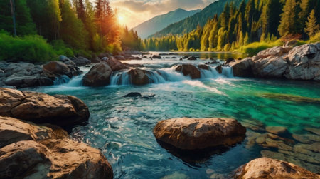 Mountain river at sunset. Mountain landscape with a mountain river in the background