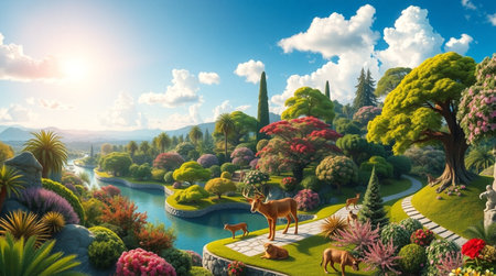 3d render of a fantasy garden with a pond and trees.の写真素材