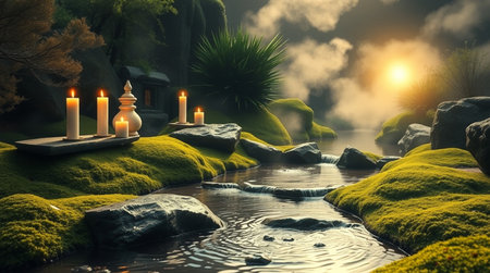 3D rendering of a fantasy garden with a pond and a candleの写真素材