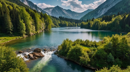 Aerial view of a beautiful mountain lake.の写真素材