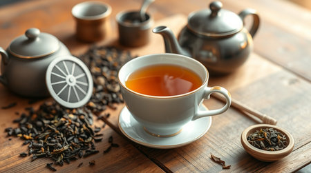 Cup of tea with teapot and cups on wooden tableの写真素材