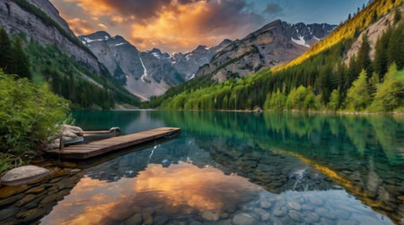 Lake Louise at sunset in Banff National Park, Alberta, Canadaの写真素材