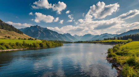 Panoramic view of the mountain lake. Beautiful summer landscape.の写真素材