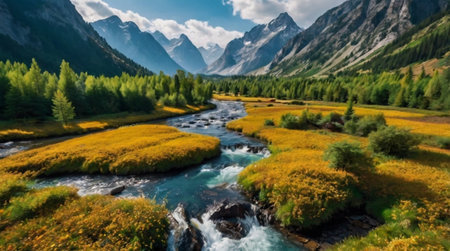 Panoramic view of the mountain river and valley in the Altai Republic.の写真素材
