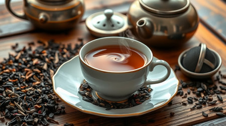 Cup of tea with teapot and cups on wooden tableの写真素材
