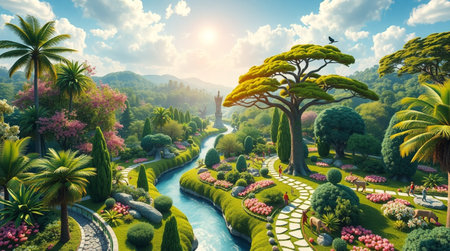 3d render of beautiful tropical garden with trees, grass and flowersの写真素材
